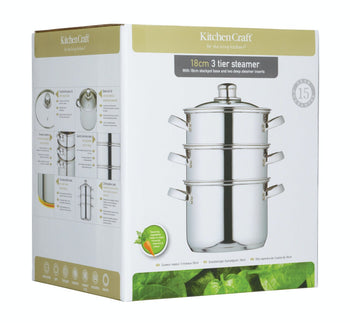 KitchenCraft Stainless Steel Three Tier Steamer, 18cm | KCCVSTEAM