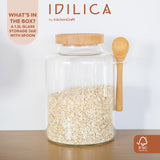 KitchenCraft Idilica Glass Storage Jar with Beechwood Lid and Bamboo Spoon, 1200ml | IDGLSSTORSPN