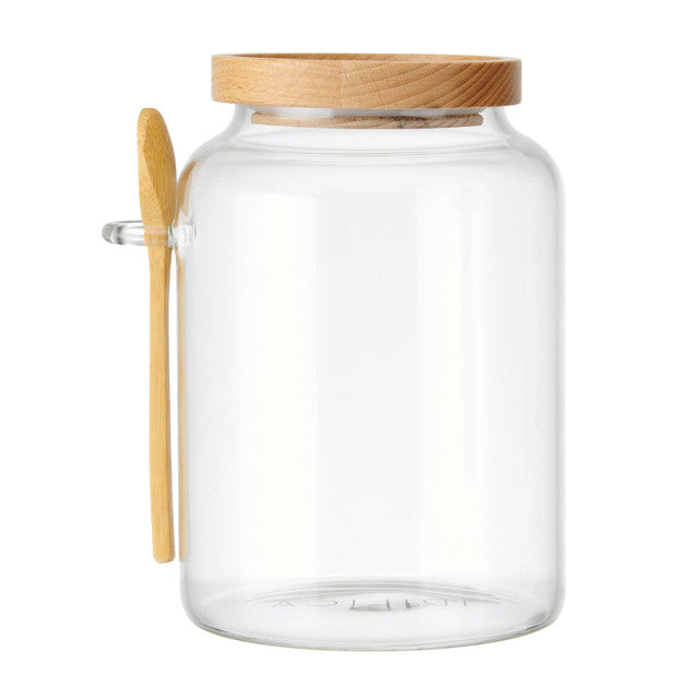 KitchenCraft Idilica Glass Storage Jar with Beechwood Lid and Bamboo Spoon, 1200ml | IDGLSSTORSPN